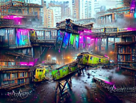 Elevated Trains Wind Through A Post Apocalyptic Futuristic Decaying
