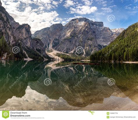 Seekofel Reflecting At Lake Prags Stock Photo Image Of Tyrol Nature