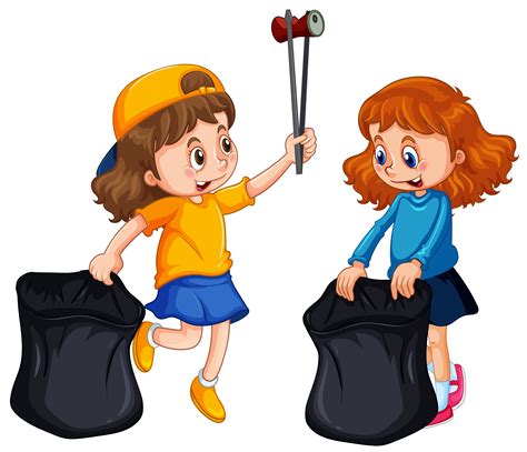 Two Girls Picking Up Trash 417297 Vector Art At Vecteezy