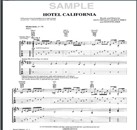 Hotel California Acoustic Solo Sheet Music Tabs — Nbn Guitar