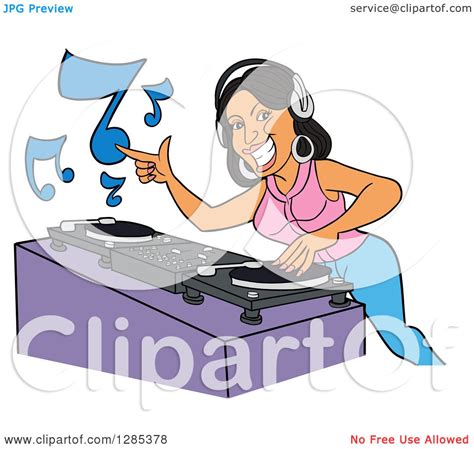 Clipart Of A Cartoon Smiling Black Female Dj Mixing Records And