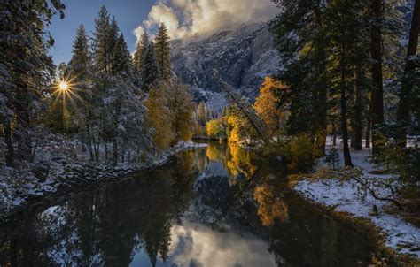 Wallpaper Autumn Forest Snow Trees Mountains Reflection River Ca