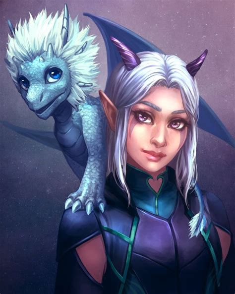 A Woman With White Hair And Blue Eyes Holding A Dragon On Her Shoulder In Front Of A Space