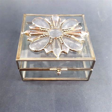 Vintage Lead Glass Brass Trinket Jewelry Box Glass Jewelry Box Jewellery Storage Stained