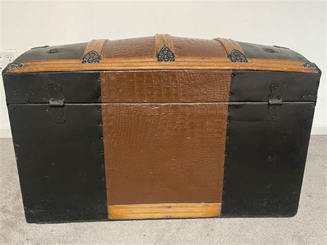 Vintage Domed Wood And Metal Trunk 32w X 17d X 19h