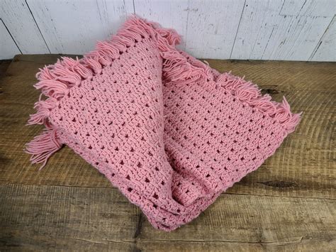 Vintage Pink Afghan Blanket Crochet Knit Throw 48 X Etsy
