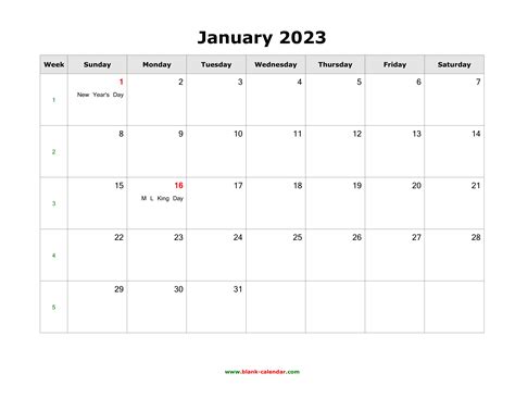 Download January 2023 Blank Calendar With Us Holidays Horizontal