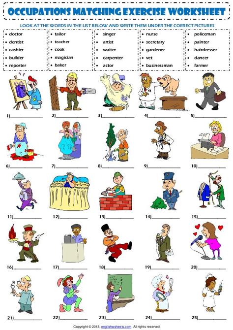 Jobs Occupations Professions Vocabulary Matching Exercise Worksheet