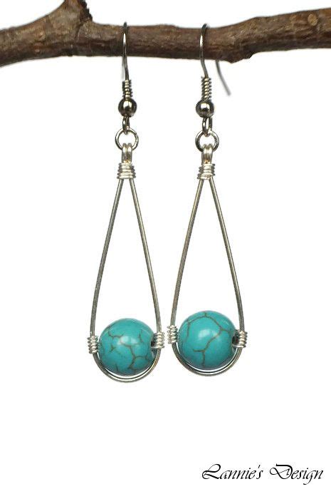 Turquoise Teardrop Wire Wrapped Dangling Earrings Aretes De Plata