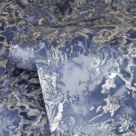 Liquid Marble Effect Wallpaper Navy Silver Glitter