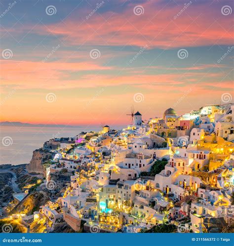 Sunset Oia On Famous Santorini Island In Greece Night Illumination