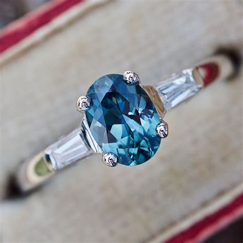Blue Green Montana Sapphire Engagement Ring Vintage Baguette M