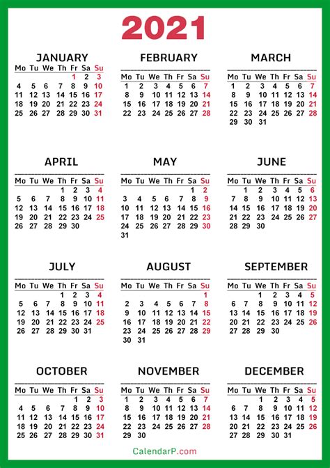 2021 calendar printable with floral designs to add beauty to your home or office space. 2021 Calendar, Printable Free, Green - Monday Start ...