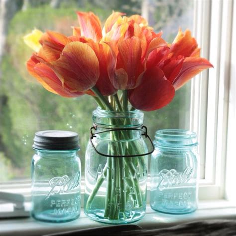 Beautiful Blue Mason Jars With Orange Tulips I Love This Color