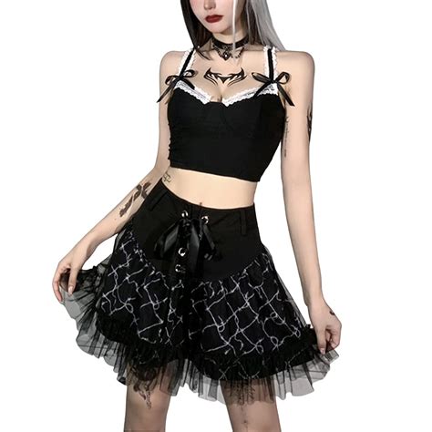Buy Women Lace Patchwork Mini Pleated Skirts High Waist Y2k Goth Lace