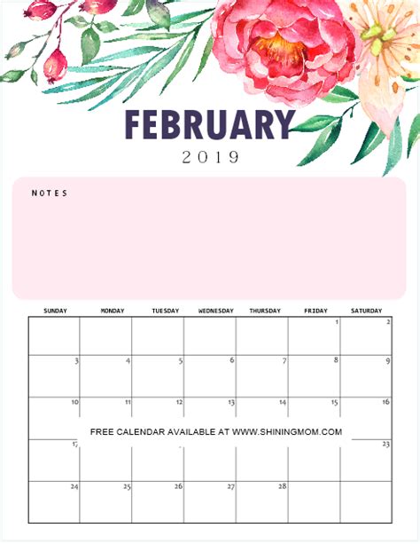 Free Printable Calendar 2019 With Notes In Pretty Florals