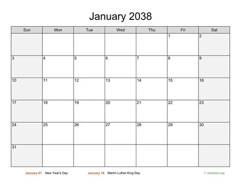 Monthly 2038 Calendar With Weekend Shaded