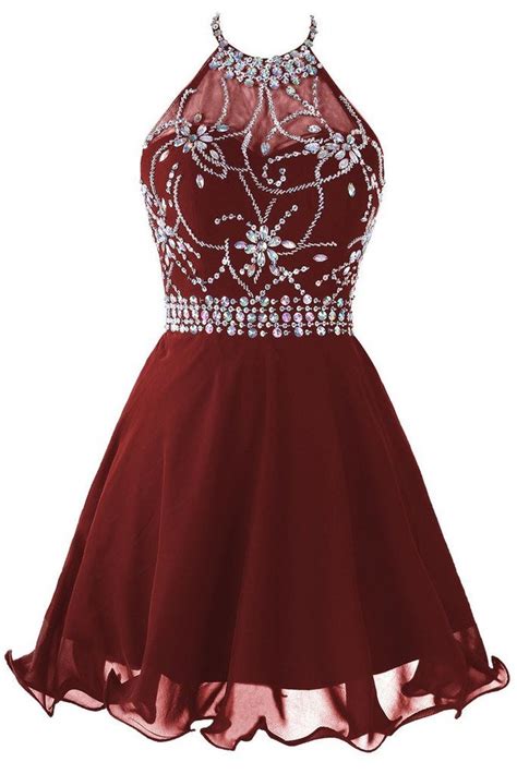 Cute Burgundy Short Chiffon Halter Prom Dresses With Beadings Homecoming Dresses Bemybridesmaid