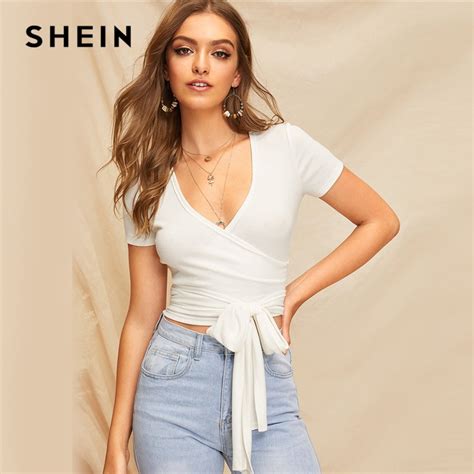 buy shein sexy white deep v neck crop wrap belted slim fitted top solid t shirt