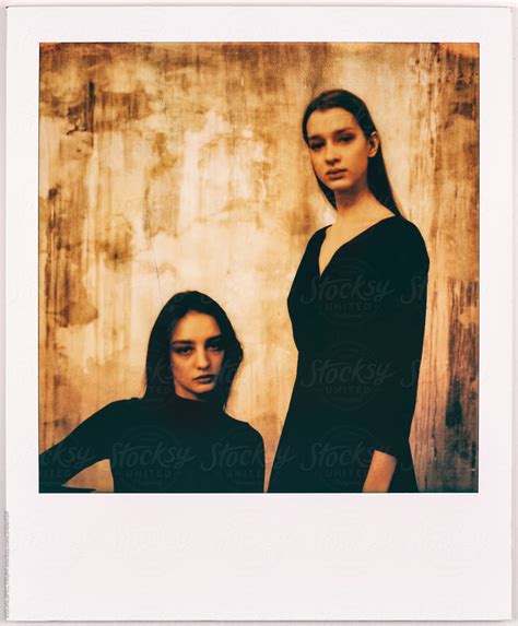 Vintage Polaroid Of Two Young Woman Posing For Fashion Portrait By