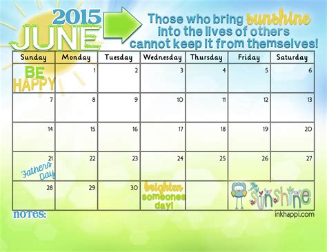 June 2015 Calendar Spreading Sunshine Inkhappi