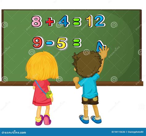 Two Kids Solving Math Problem On Board Stock Vector Illustration Of