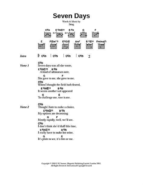 Sting Seven Days Sheet Music Download Printable Rock Pdf Score