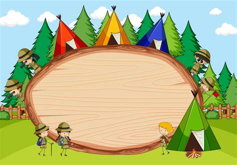 Camping Scene With Blank Wooden Board In Oval Shape With Scout Kids