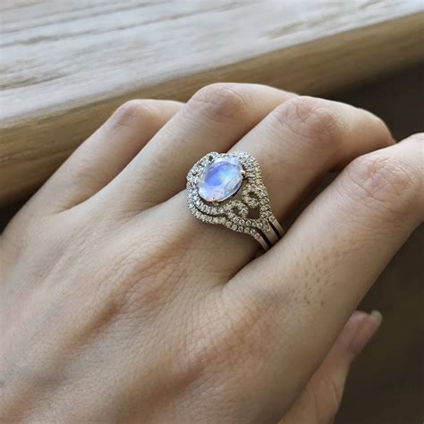 Oval Moonstone Bridal Set Ring Rainbow Moonstone Engagement Ring Art Deco Engagament Ring