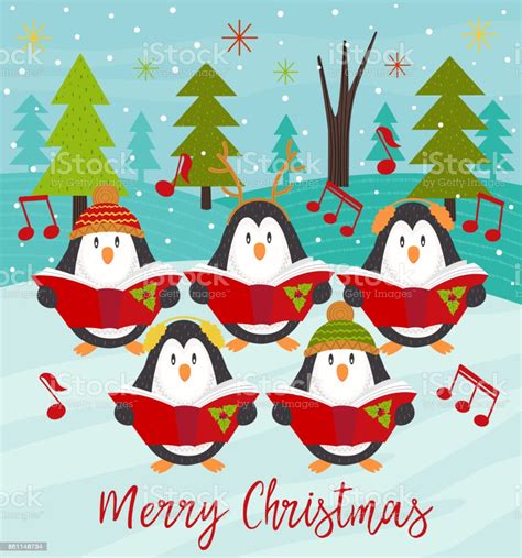 Merry Christmas Card With Choir Penguins Stock Illustration Download Image Now Istock