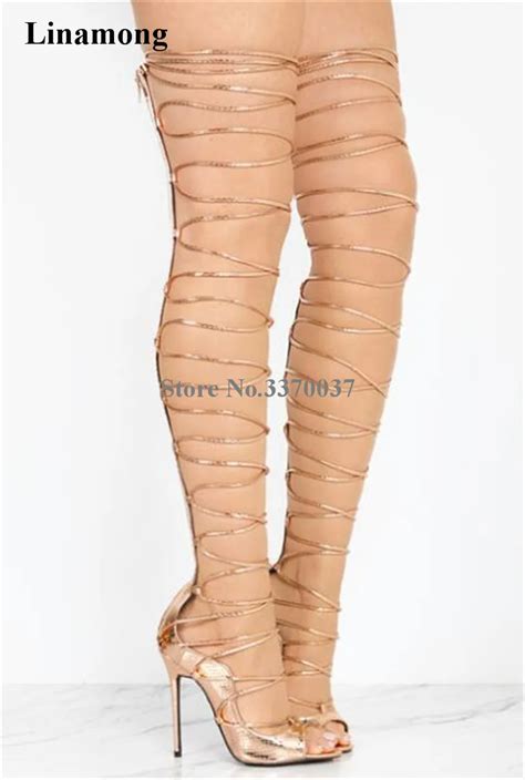 2018 new fashion women open toe gold black lace up over knee gladiator boots straps design thigh