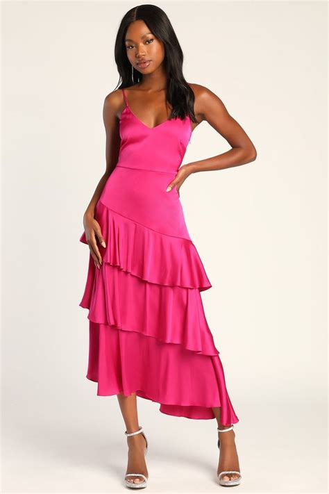 bright pink maxi dress pink satin dress hot pink dresses maxi dress formal midi ruffle dress