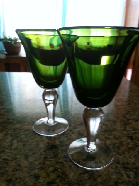 Green Glass Goblets Clear Rounded Stem Heavy Glassware Footed