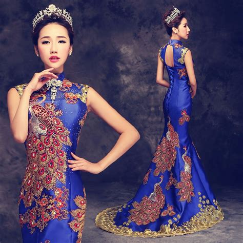 luxury blue red embroidered chinese evening dress long cheongsam bride wedding qipao mermaid