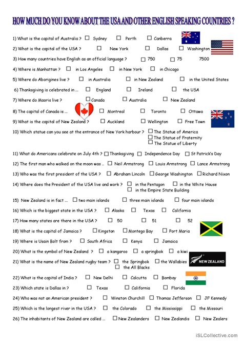English Speaking Countries Quiz English Esl Worksheets Pdf And Doc