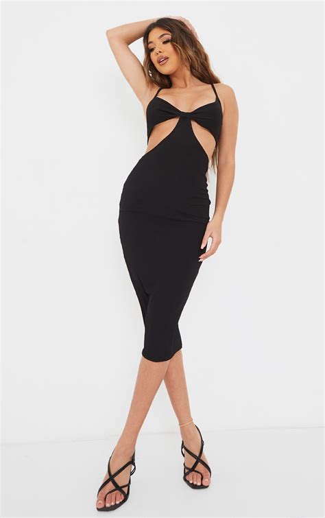 Black Ribbed Strappy Knot Cut Out Midi Dress Prettylittlething
