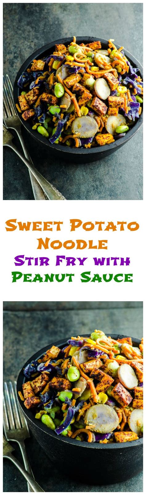 Chop the sweet potato the long way into long rectangular sticks. Sweet Potato Noodles Stir Fry with Peanut Sauce - May I ...