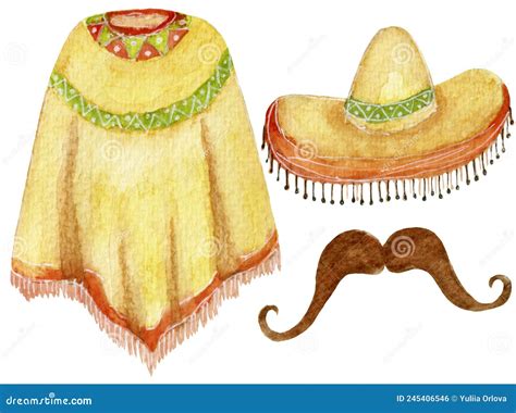 Watercolor Festive Collection Mexican Style Clothes Sombrero And