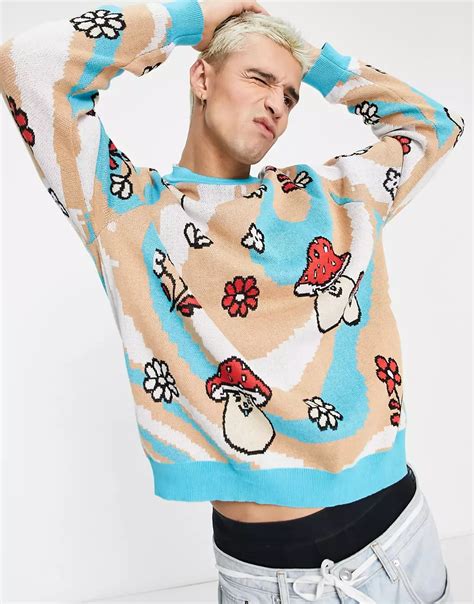 Asos Design Knitted Jumper With Swirly Mushroom Pattern Asos