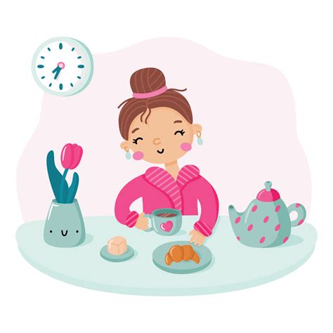 Morning Routine Flat Vector Illustration Happy Girl Eating Breakfast