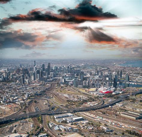 Melbourne Aerial City View With Skyscrapers Railway And Interstate