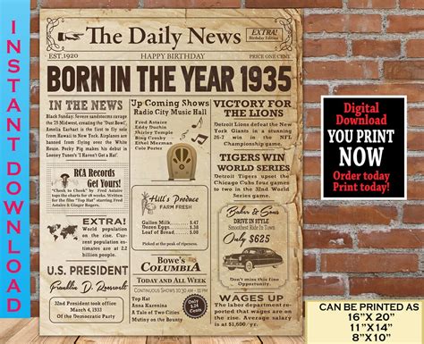 1935 Birthday Newspaper Poster 1935 Facts For Adult Birthday Etsy Canada