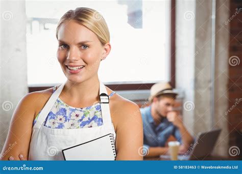 smiling blonde waitress posing in front of customer stock image image of denim drink 58183463