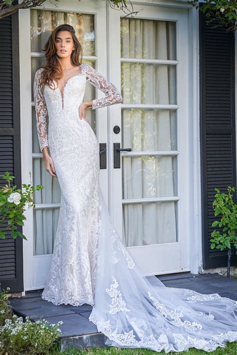 F Elegant Long Sleeve Fit And Flare Gown With Plunging Neckline And Sexy Sheer Back