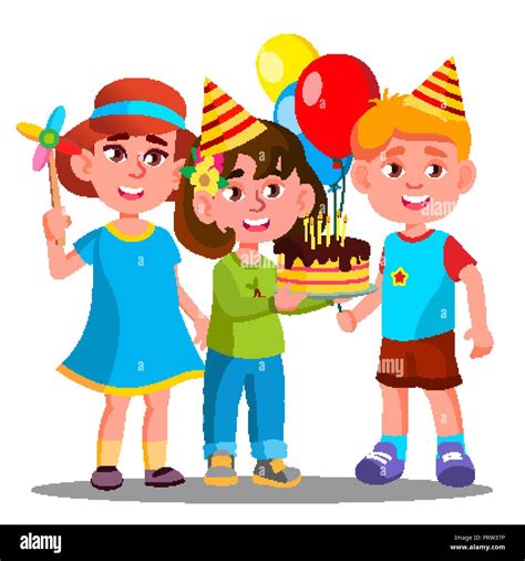 Vector Illustration Kids Celebrating Birthday Party Children Cake Hi