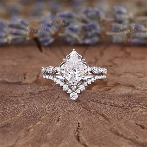 Vintage Moissanite Engagement Ring Set White Gold Pear Shaped Cluster