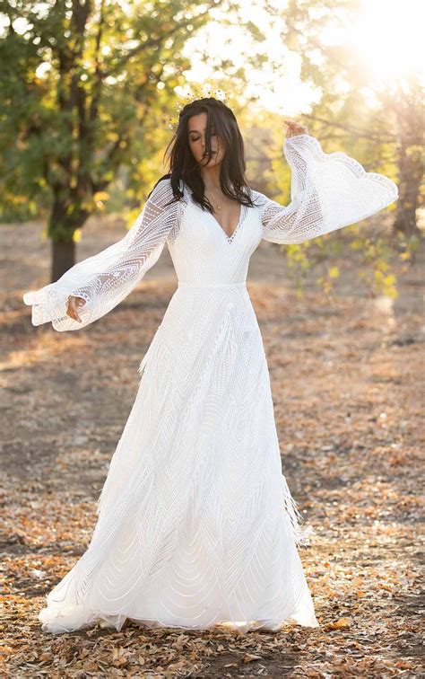 Romantic Boho Wedding Dress With Lace Bell Sleeves A Line Silhouette