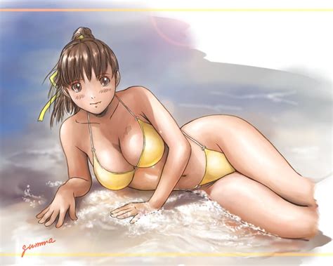 Kisaragi Gunma Beach Bikini Brown Hair Lying Ponytail Solo