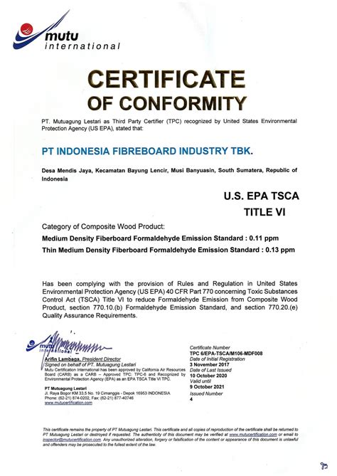 Certificate Of Conformity Epa Free 8 Printable Templates