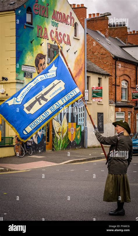 Female Irish Republican Carrying Cumann Na Mban Flag On Belfast Falls